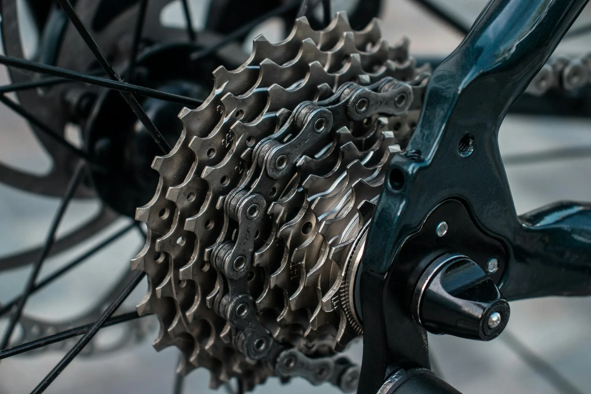Close-up of bicycle chain and drivetrain components