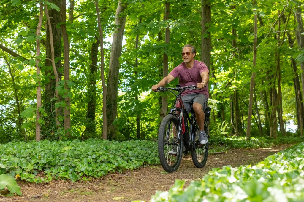 Electric mountain bike rider on a forest trail