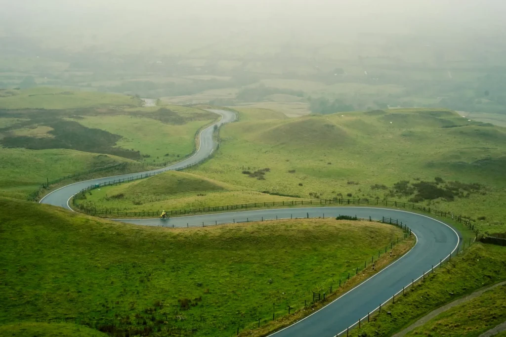 Electric bike rider on a countryside road during a long UK ride