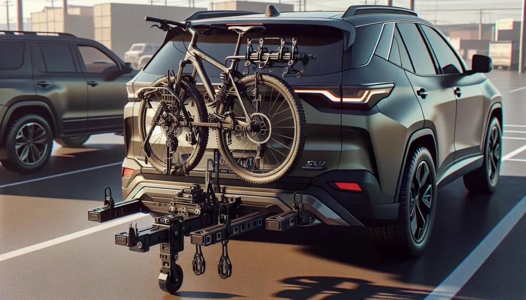 Two bikes on a towbar-mounted rack at the rear of a car