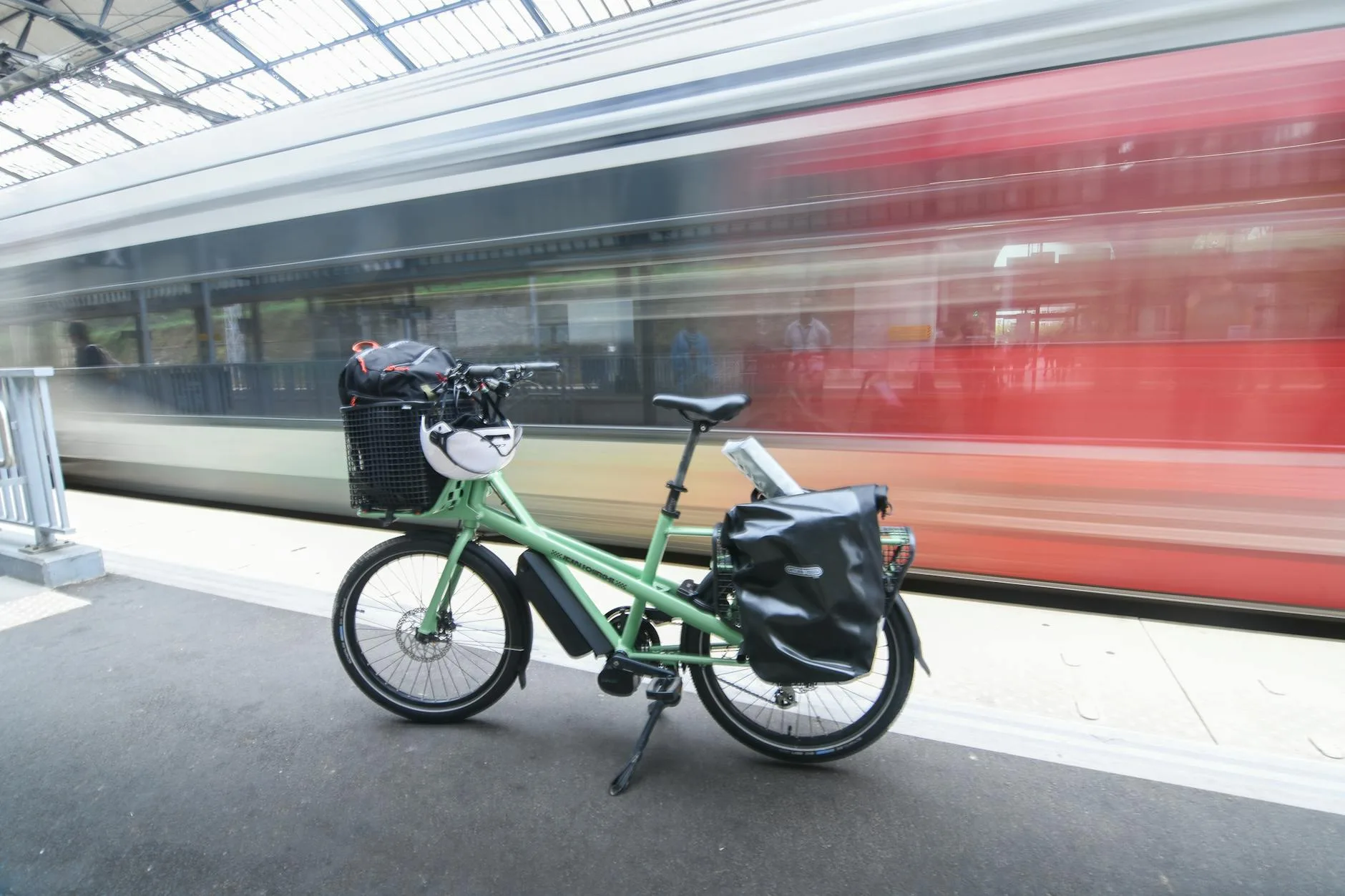 Close-up of pannier bag mounted on bicycle rear rack