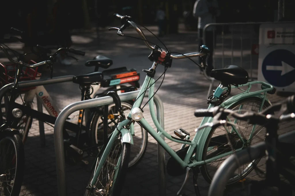 Electric pedal-assist bicycle parked in a city setting
