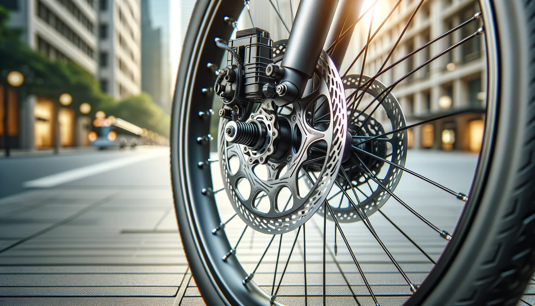 Close-up of an electric bike rear hub motor with disc brake