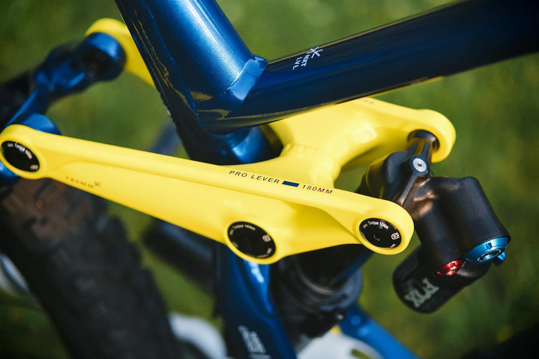 Close-up of a mountain bike rear suspension linkage