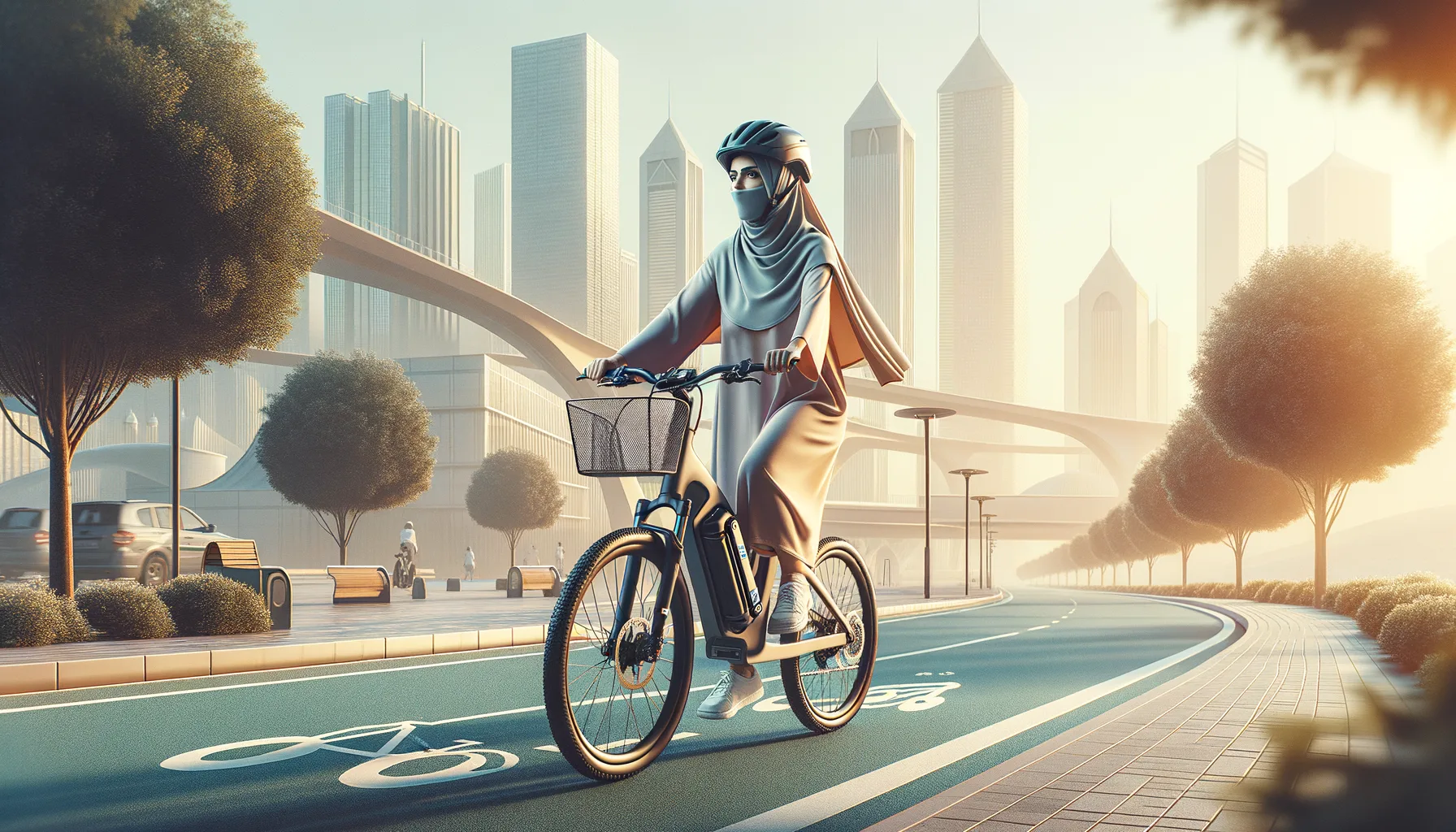 Person riding an electric bike along a dedicated city bike lane