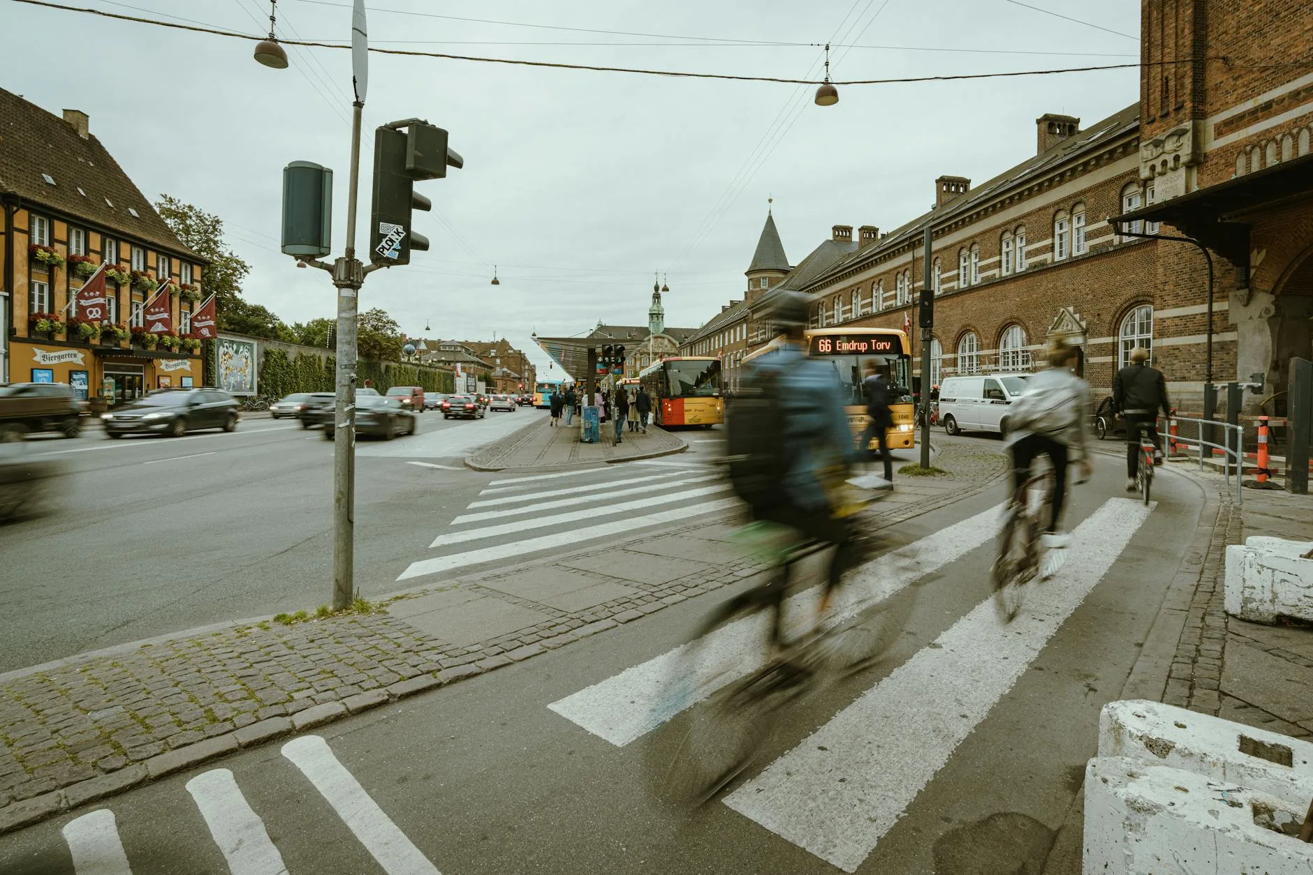 Cyclist approaching a road junction at traffic lights