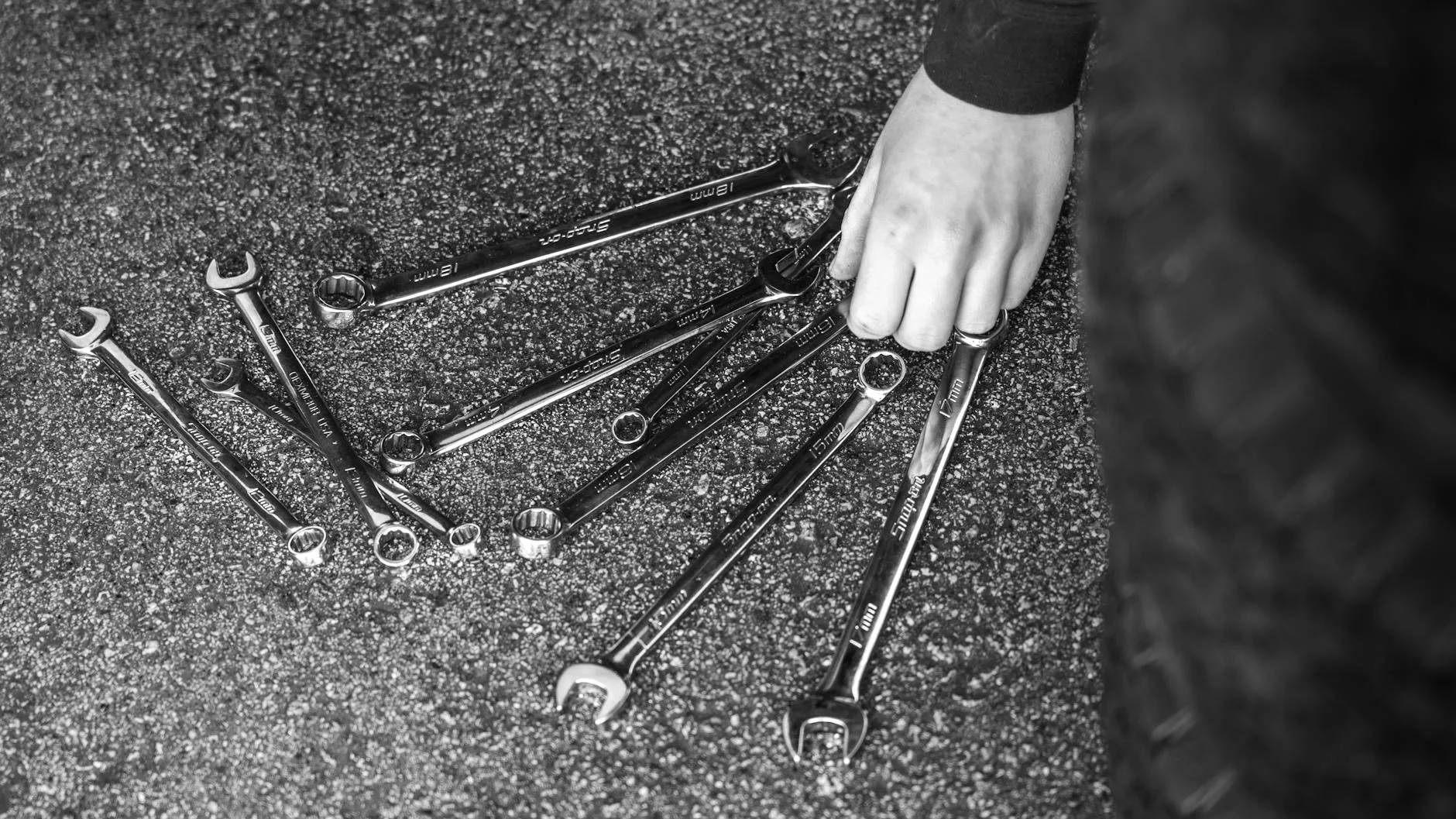 Bicycle repair tools laid out in a workshop