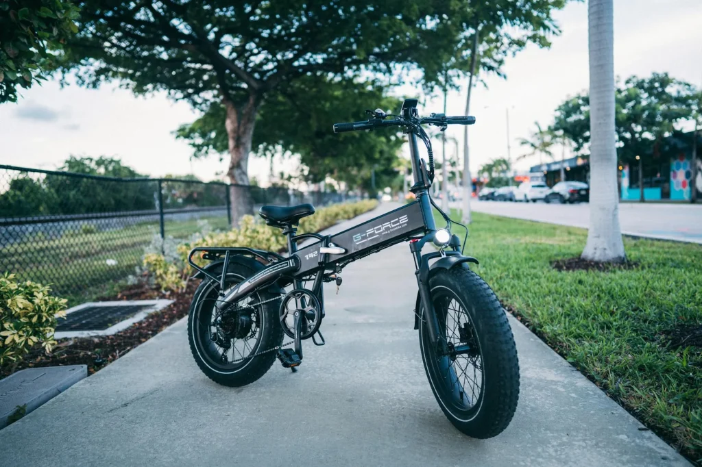 Folding electric bike on a city street