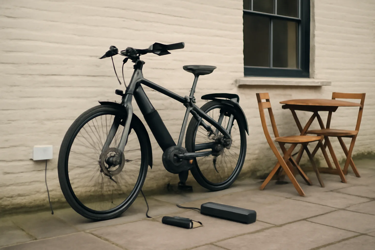 E-bike battery and charger at a cafe stop during a day trip