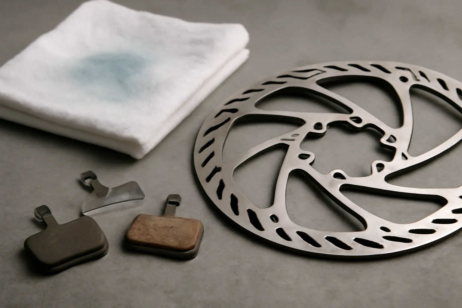 E-bike disc brake pads and rotor laid out for cleaning