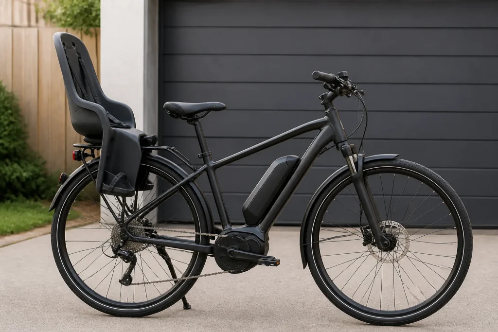 E-bike with a rear child seat fitted for a safety check