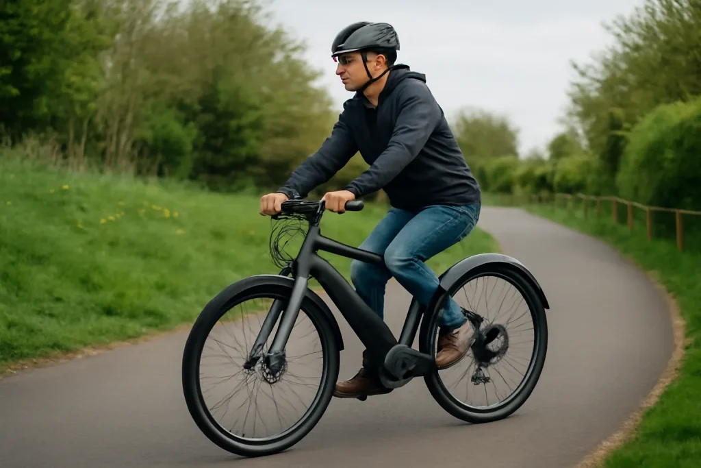 Rider test riding an e-bike on a quiet cycle path