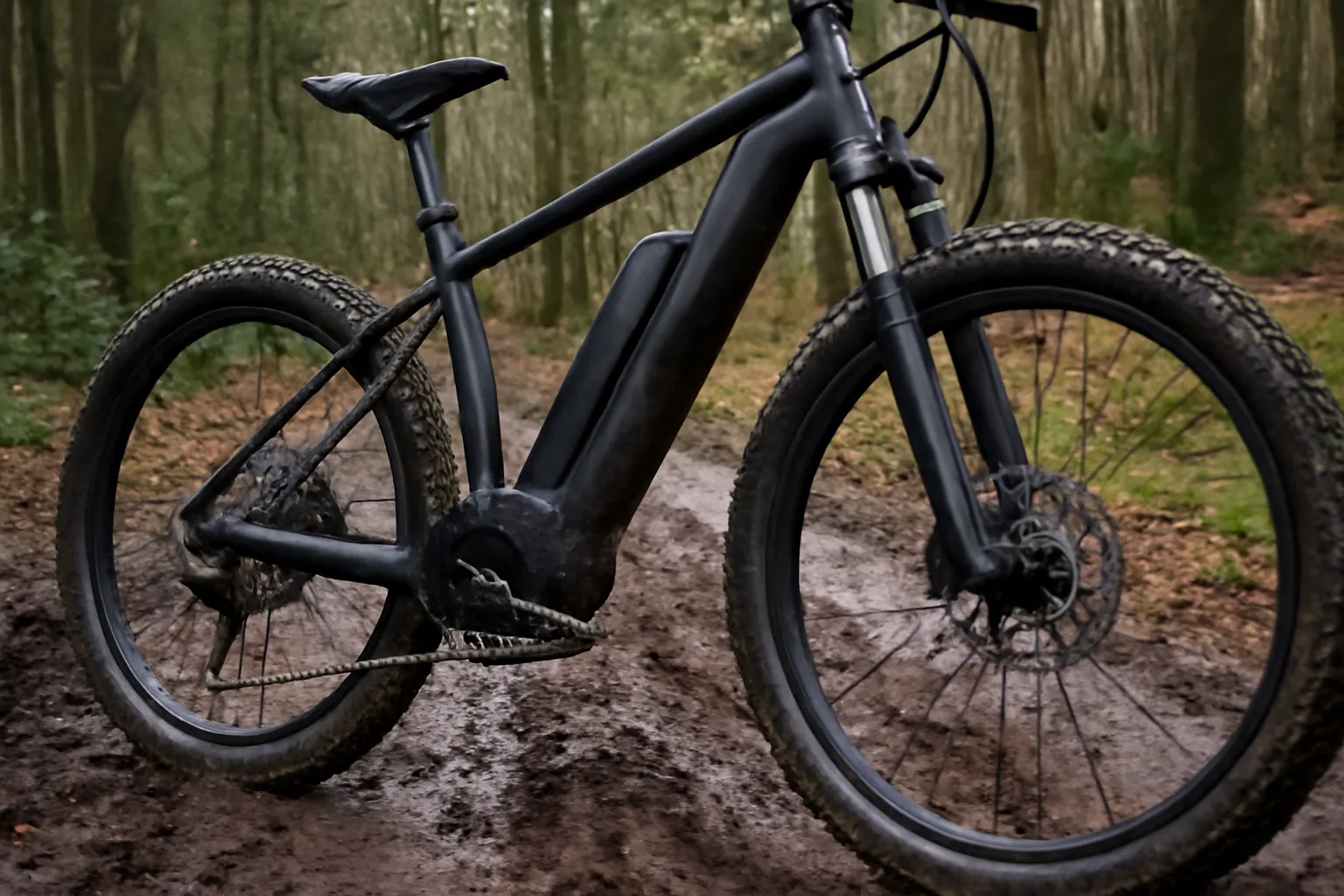 Electric mountain bike battery and tyres on a muddy forest trail