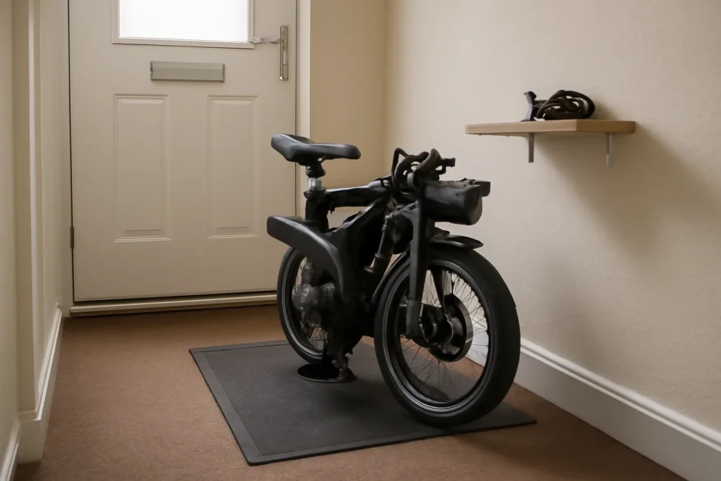 Folded e-bike stored on a mat in a small flat hallway