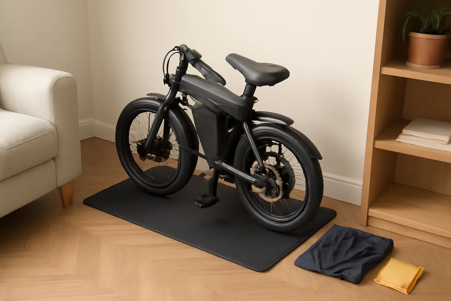 Compact e-bike parked on a protective mat inside a flat