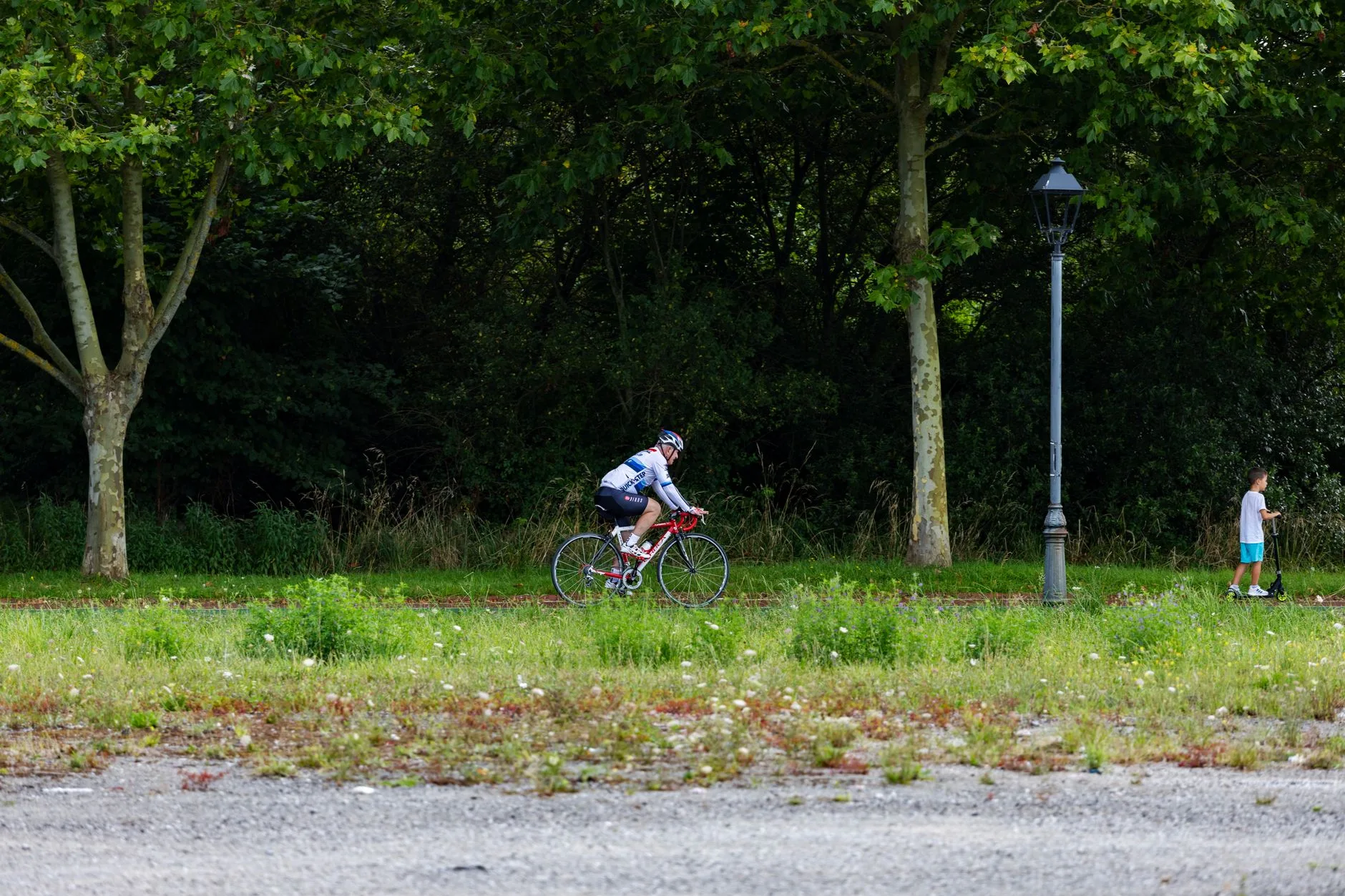 Cyclist riding through a green London park on a quiet path