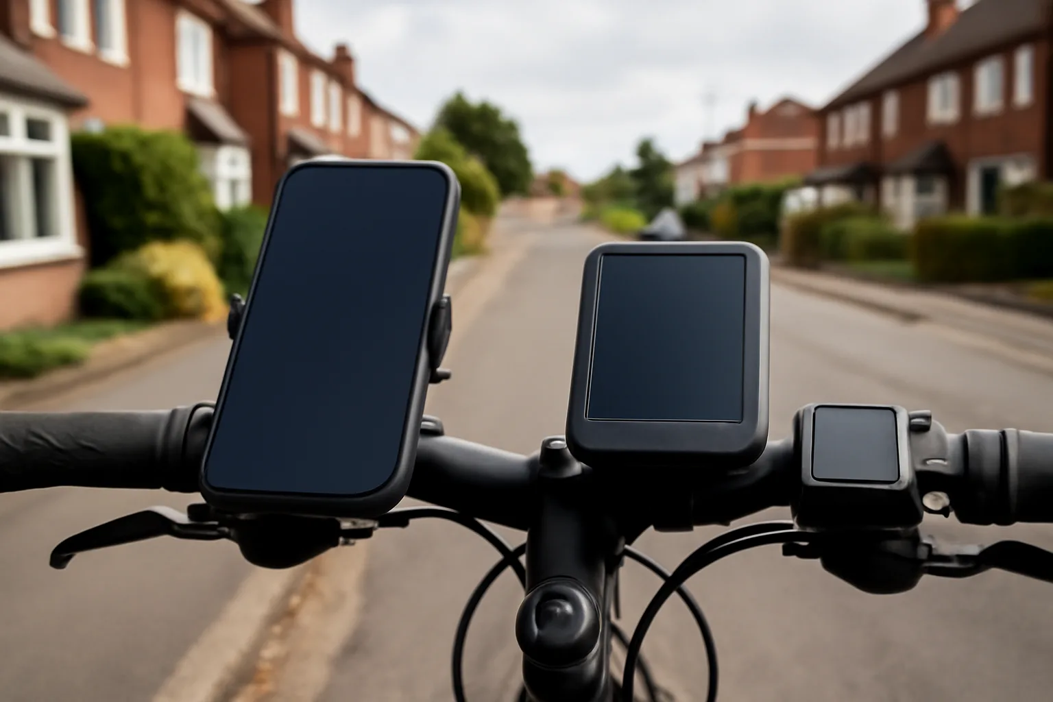 Blank phone mount beside an e-bike display on handlebars