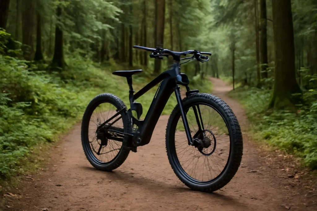 Electric mountain bike on a forest trail centre route