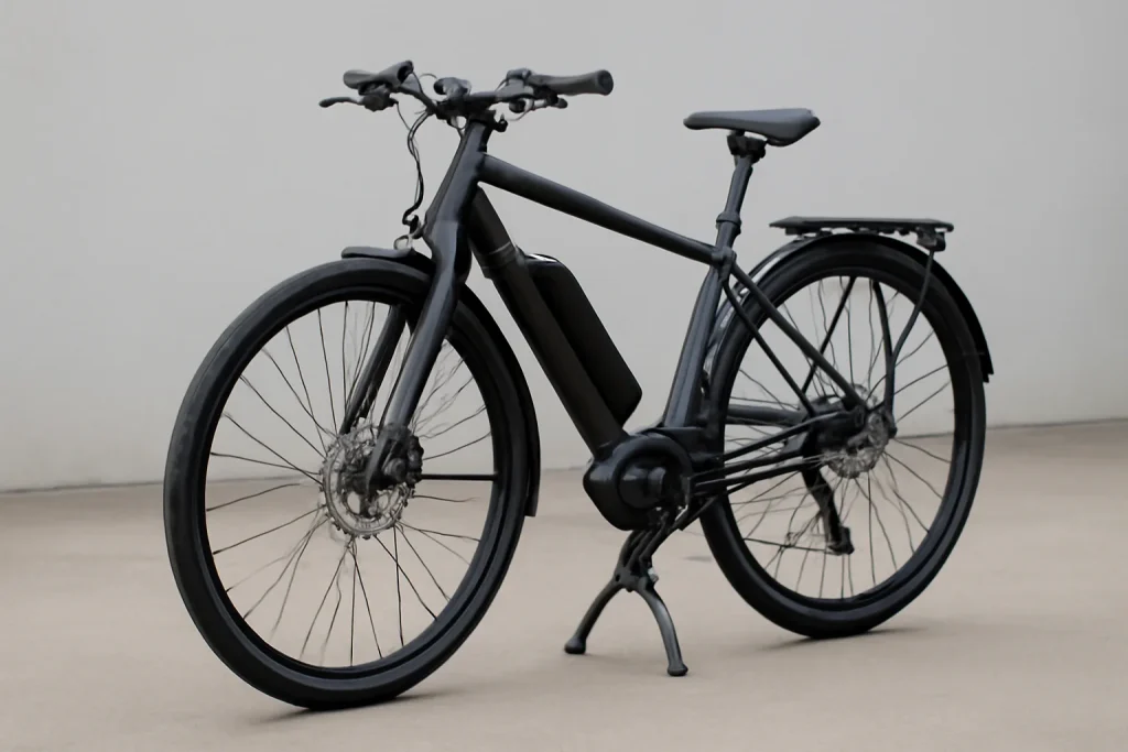 E-bike parked on a heavy-duty double-leg kickstand