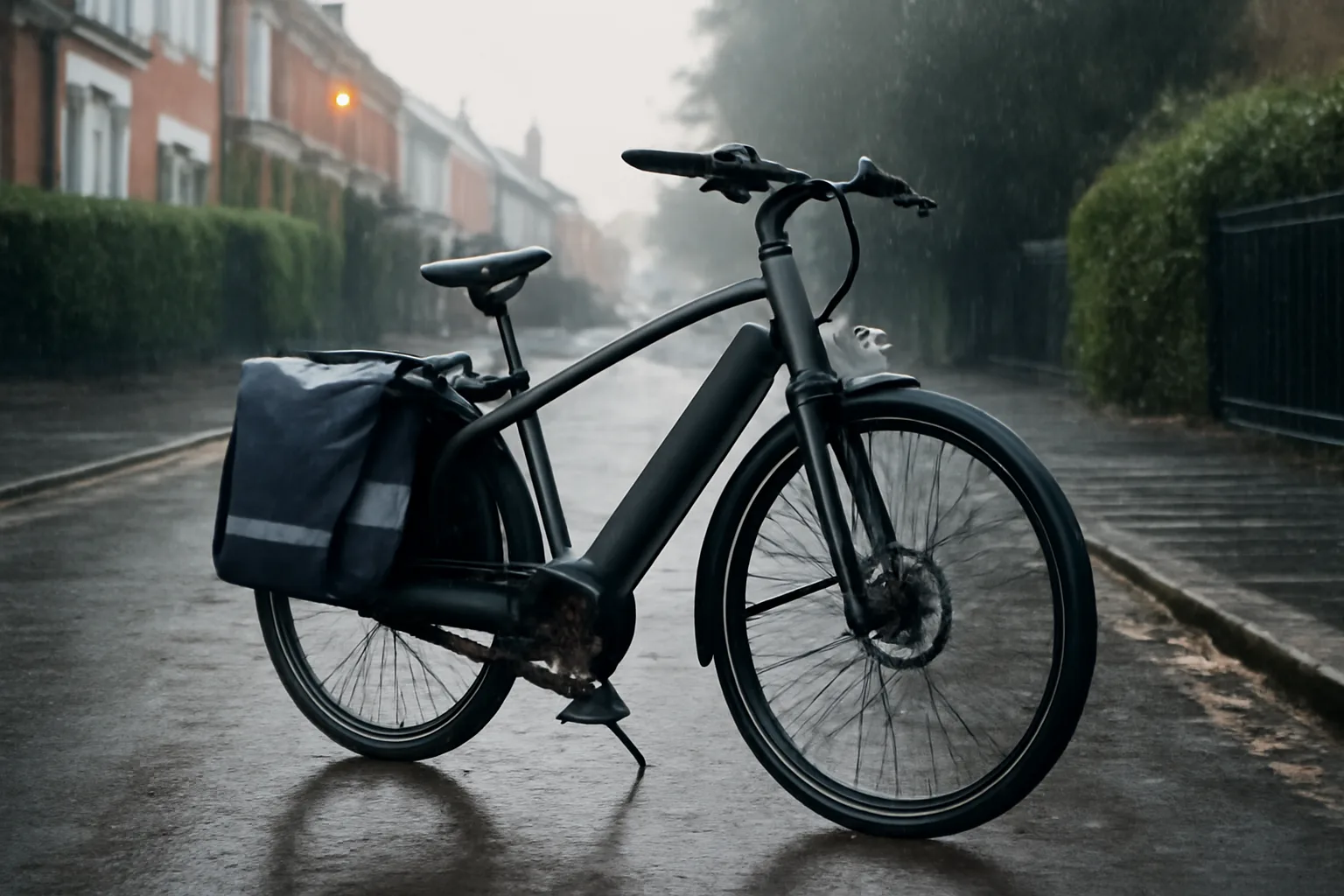 Reflective waterproof saddle bags on a commuter e-bike in rain