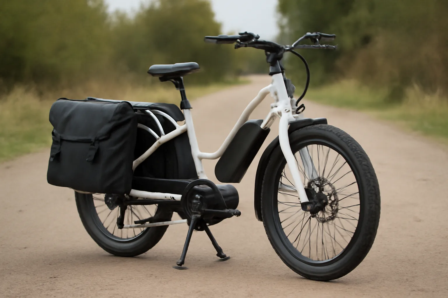 Loaded e-bike standing on a double-leg kickstand