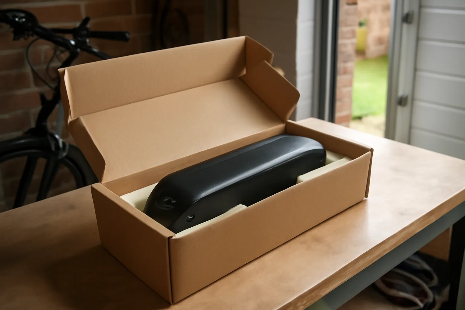 E-bike battery secured in a plain box before recycling transport