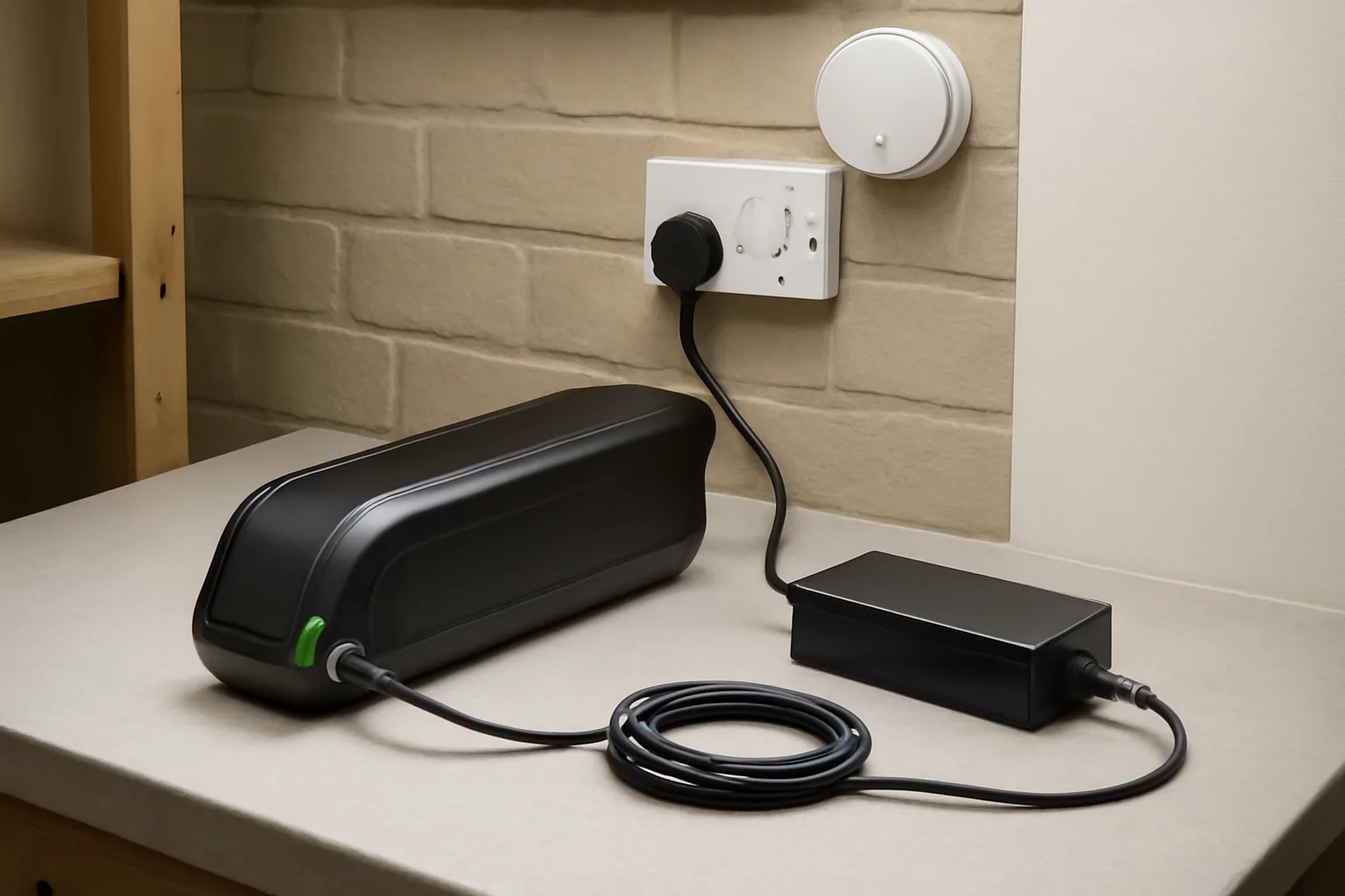 E-bike battery charging safely on a hard surface