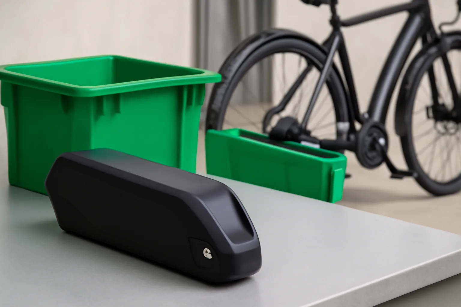 Old e-bike battery beside a recycling crate before UK drop-off