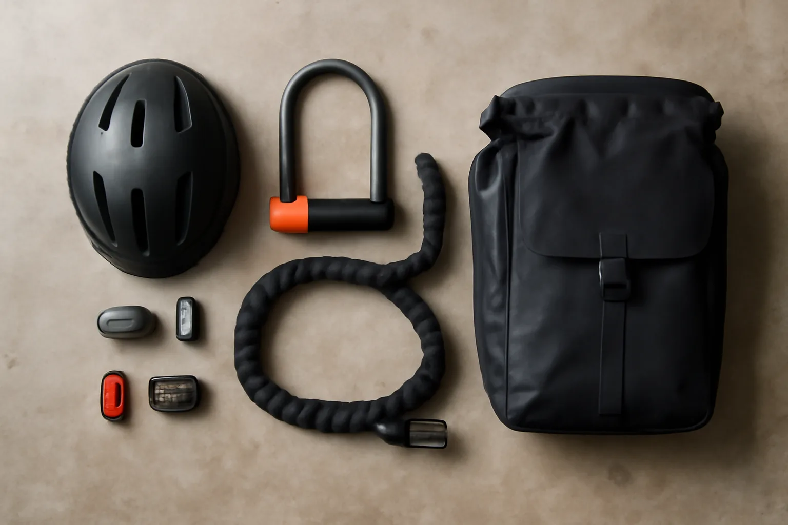 E-bike commuting accessories with lock lights and helmet