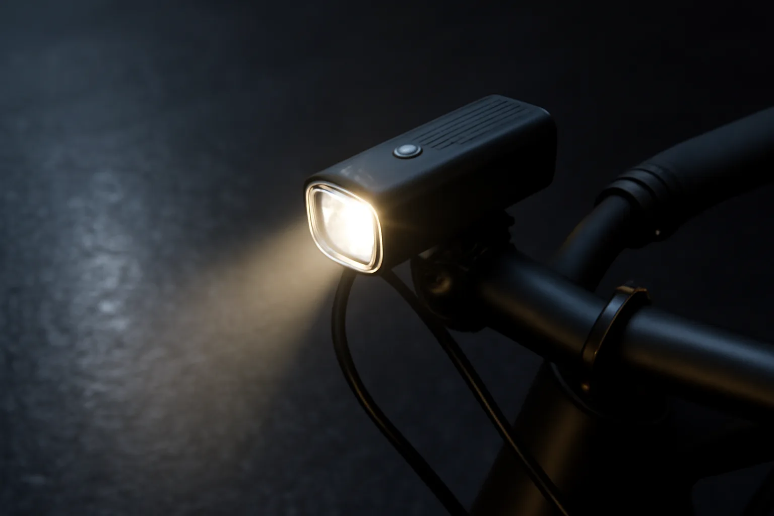 Rechargeable front e-bike light mounted on handlebars at night