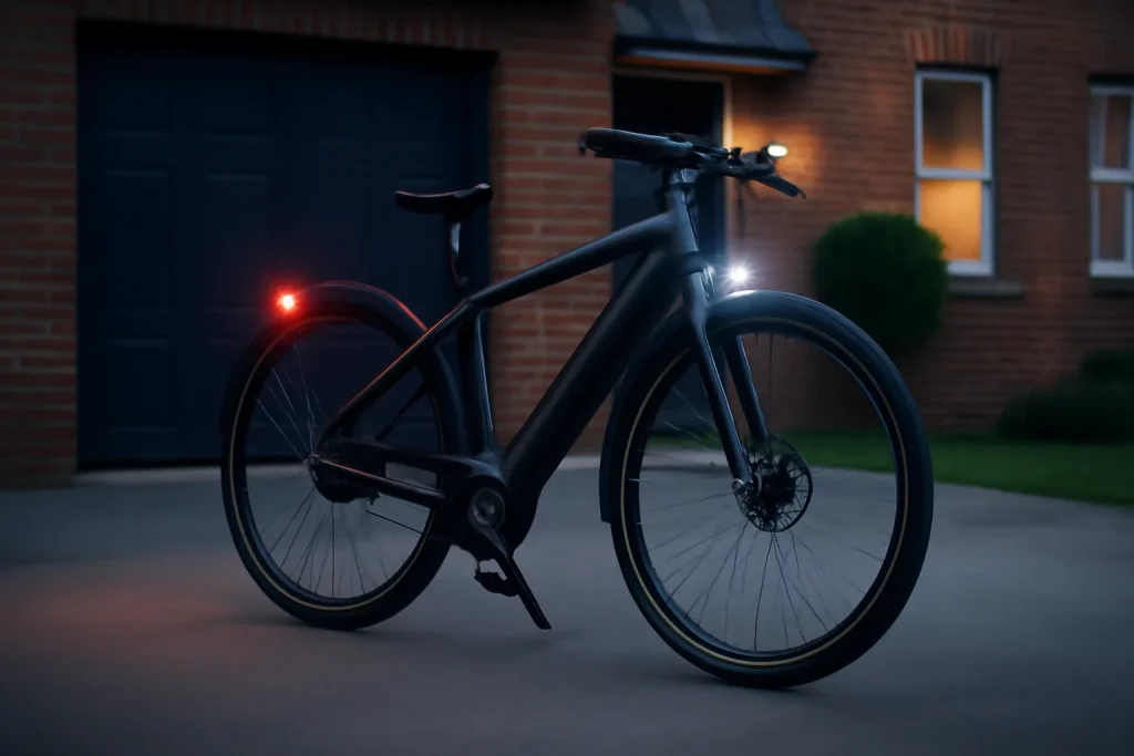 E-bike with front and rear lights set up for UK commuting