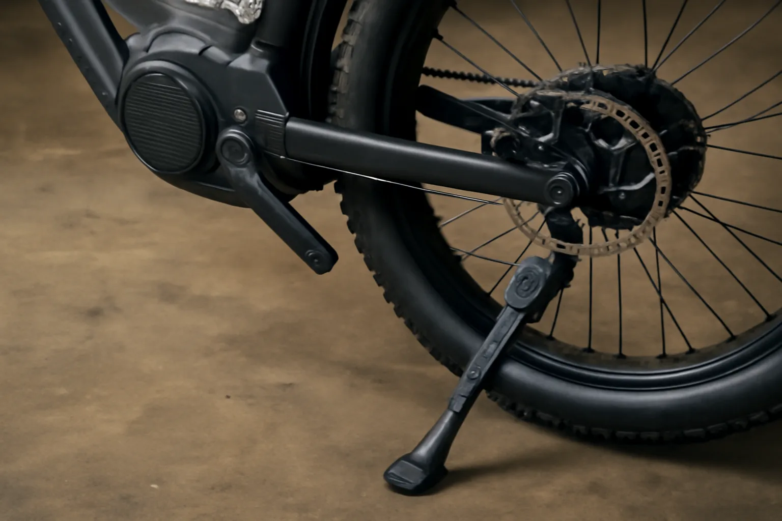 Close-up of a heavy-duty e-bike kickstand mount