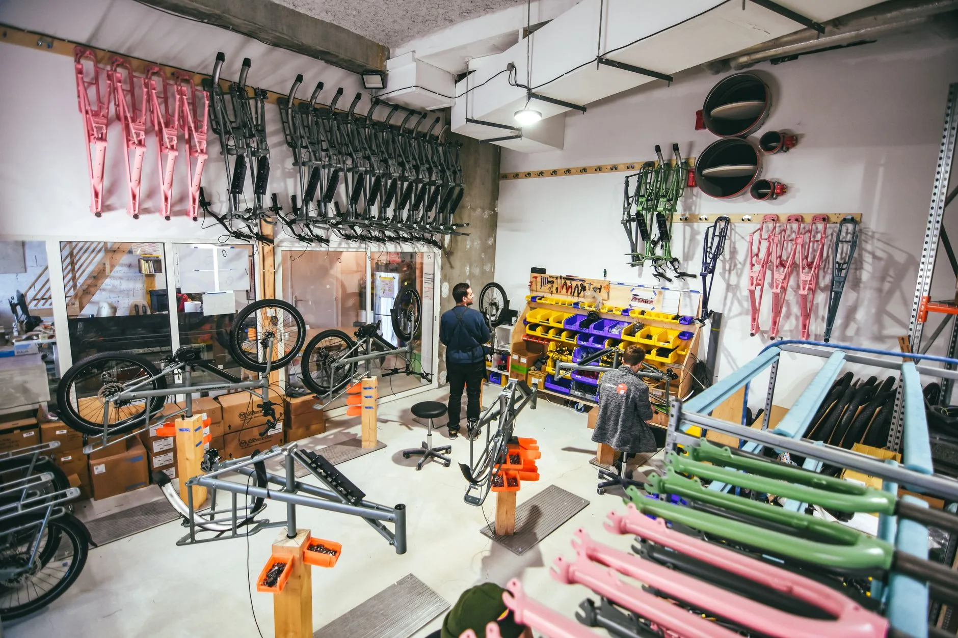 Bicycle workshop parts storage for e-bike dealer access