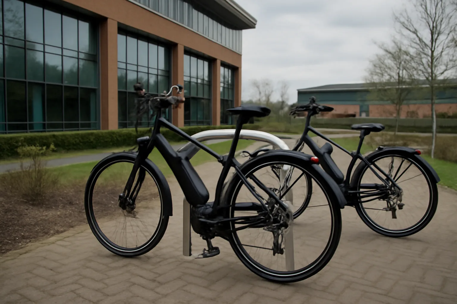 Electric bikes parked at an office bike rack for commuting