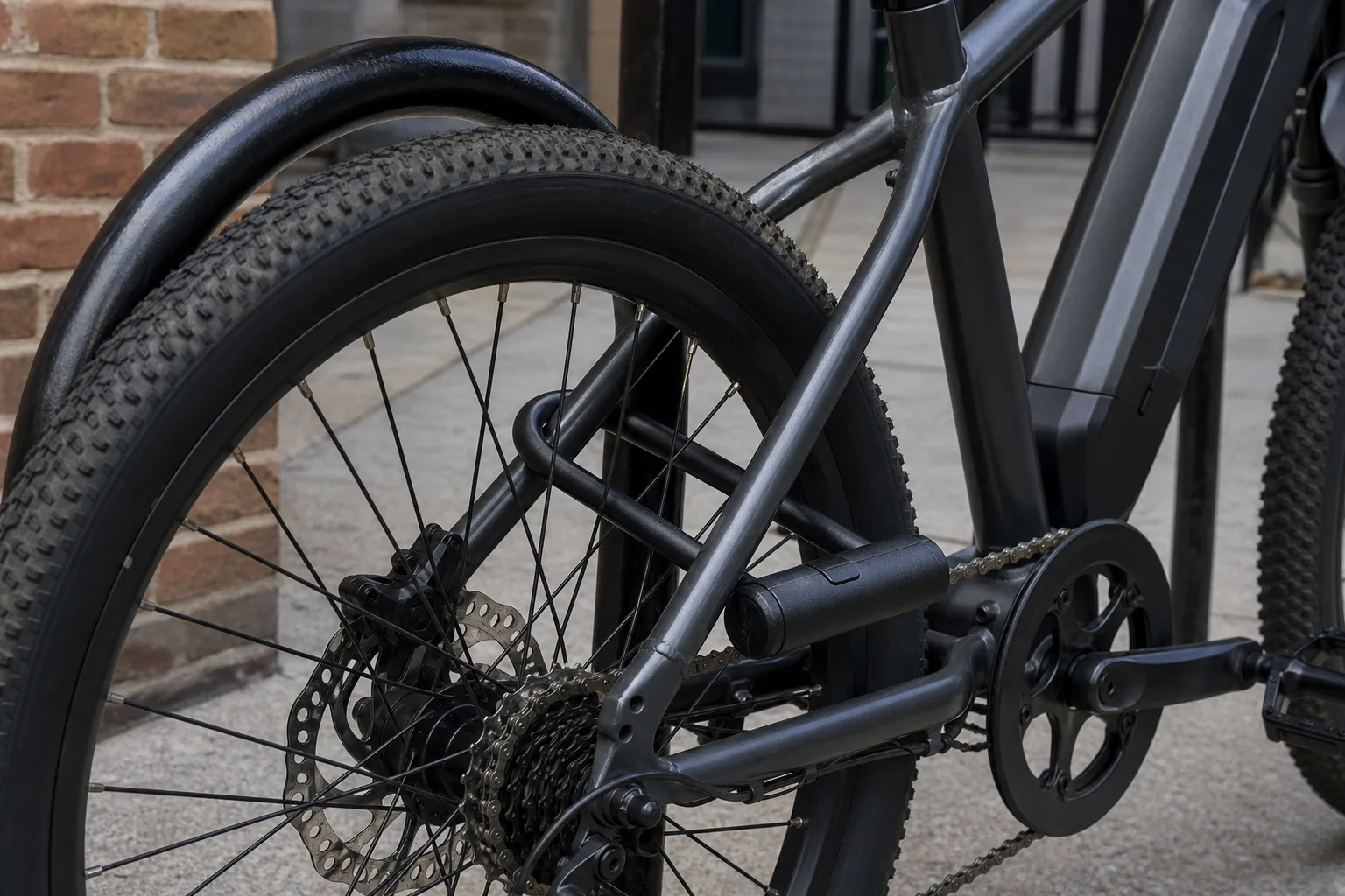 U-lock securing an e-bike rear triangle and wheel to a stand