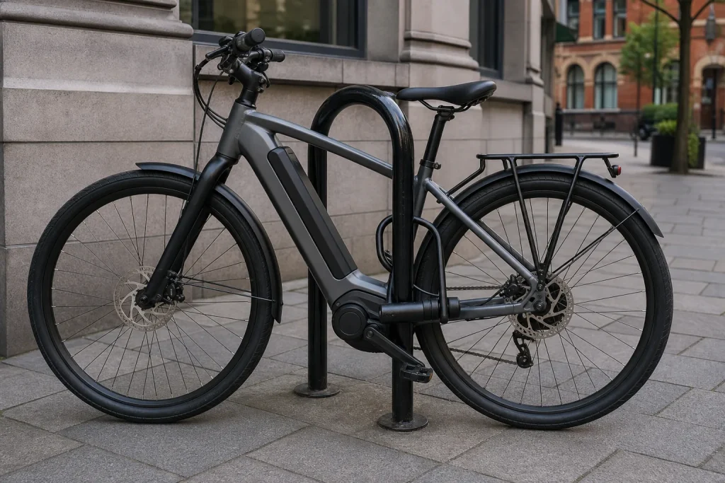 E-bike secured with a visible U-lock to a Sheffield stand