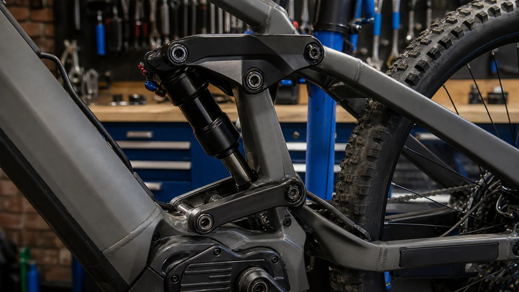 E-MTB rear suspension linkage and shock in a workshop