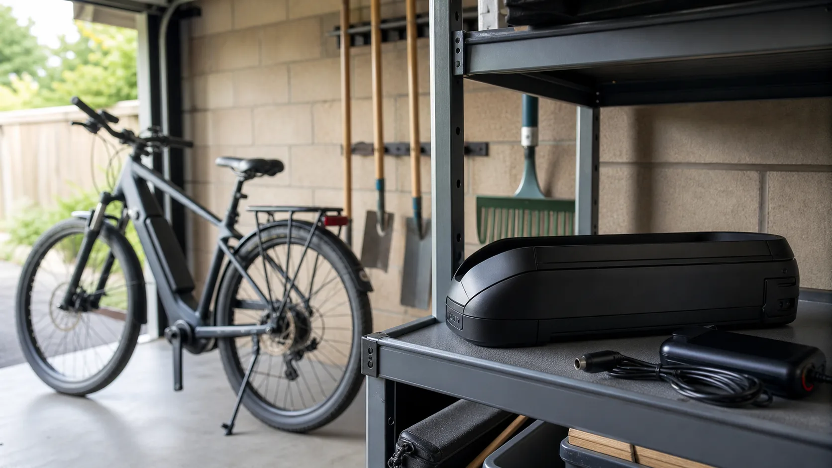 E-bike battery stored on metal shelving in a garage
