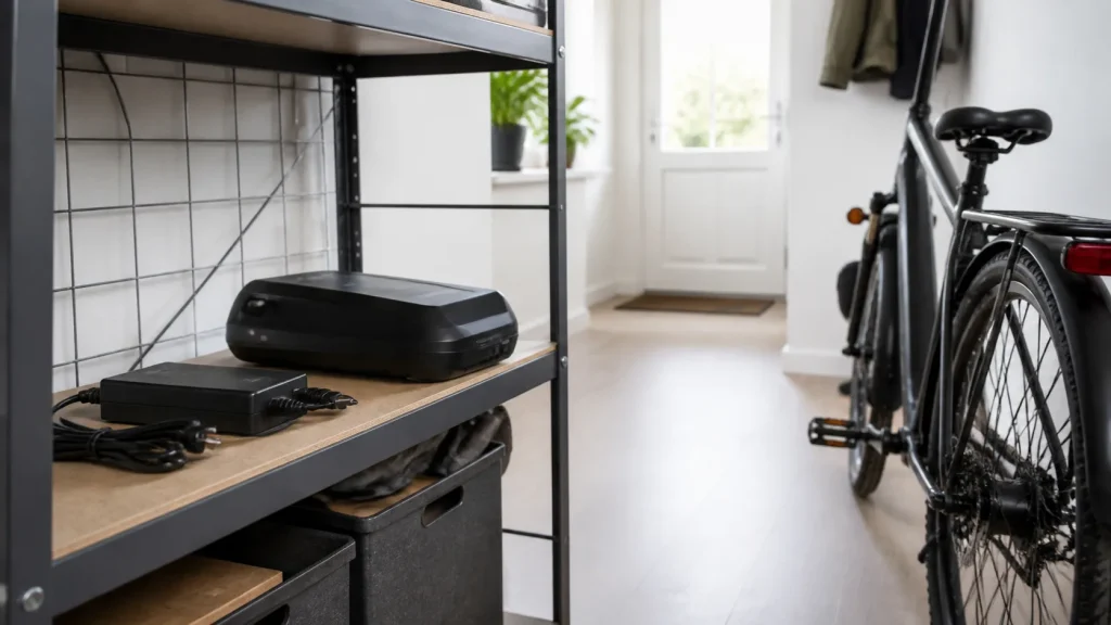 E-bike battery stored safely overnight on a metal shelf