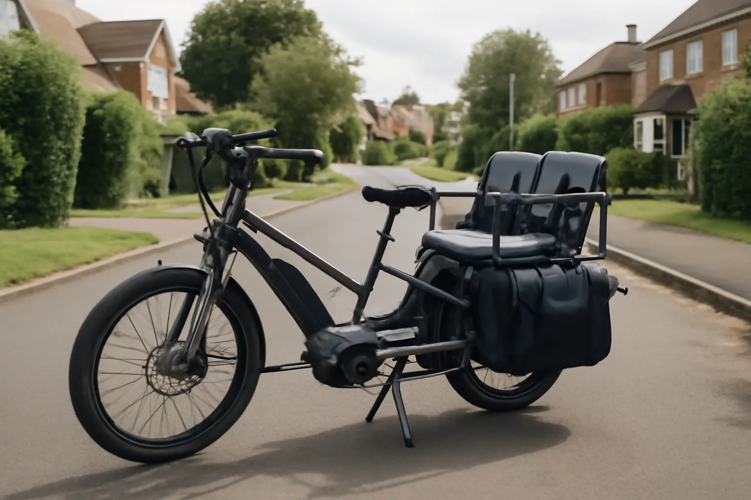 Family longtail electric cargo bike with rear passenger bench