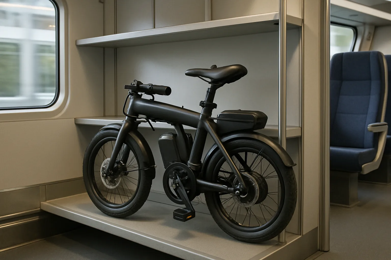 Compact e-bike stowed in train luggage space