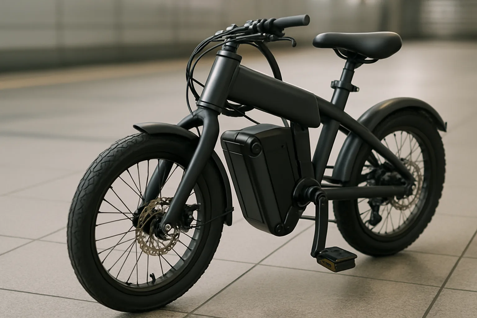 Folding e-bike battery and frame latch before train travel