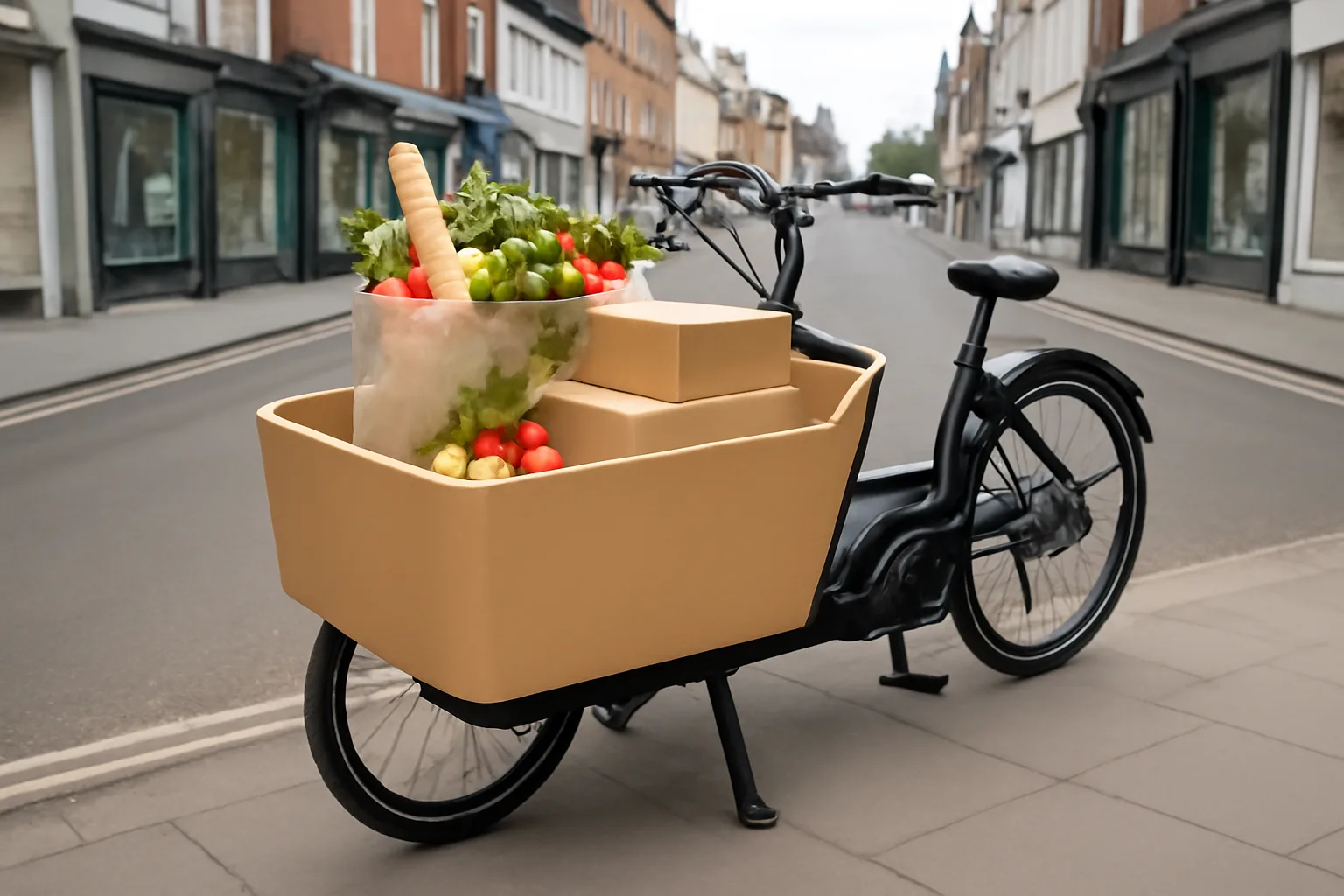 Plain box electric cargo bike carrying shopping on a UK high street