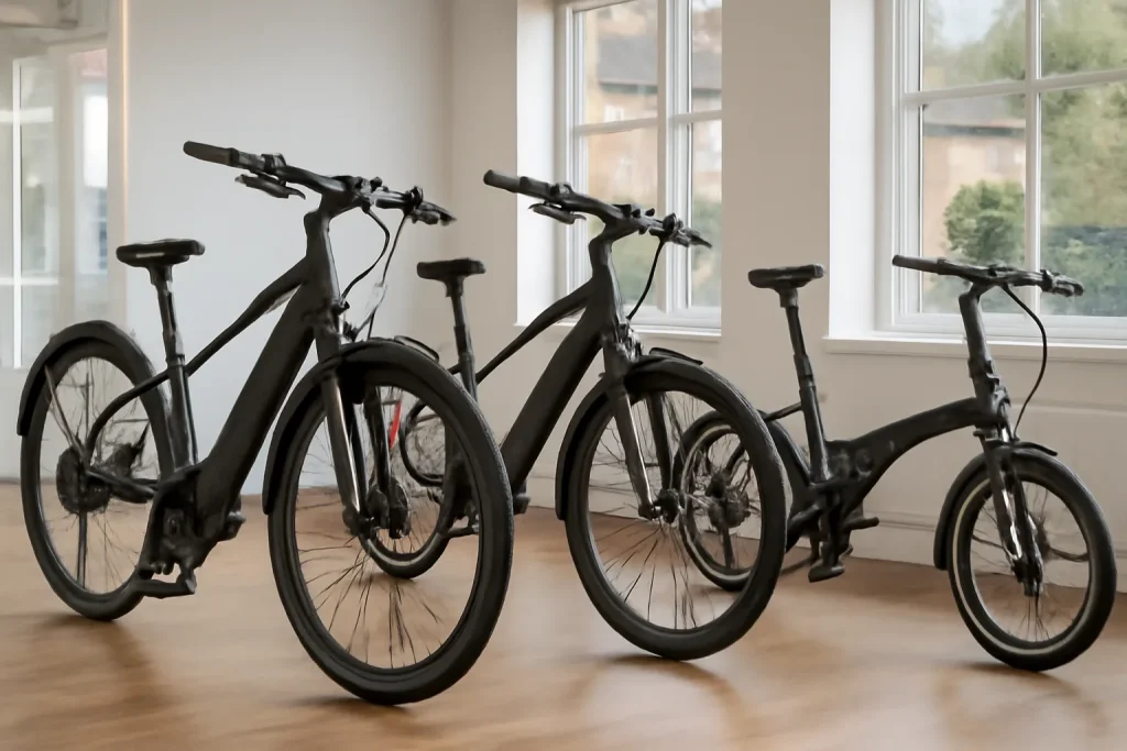 Reliable UK electric bike brands lined up in a bike shop