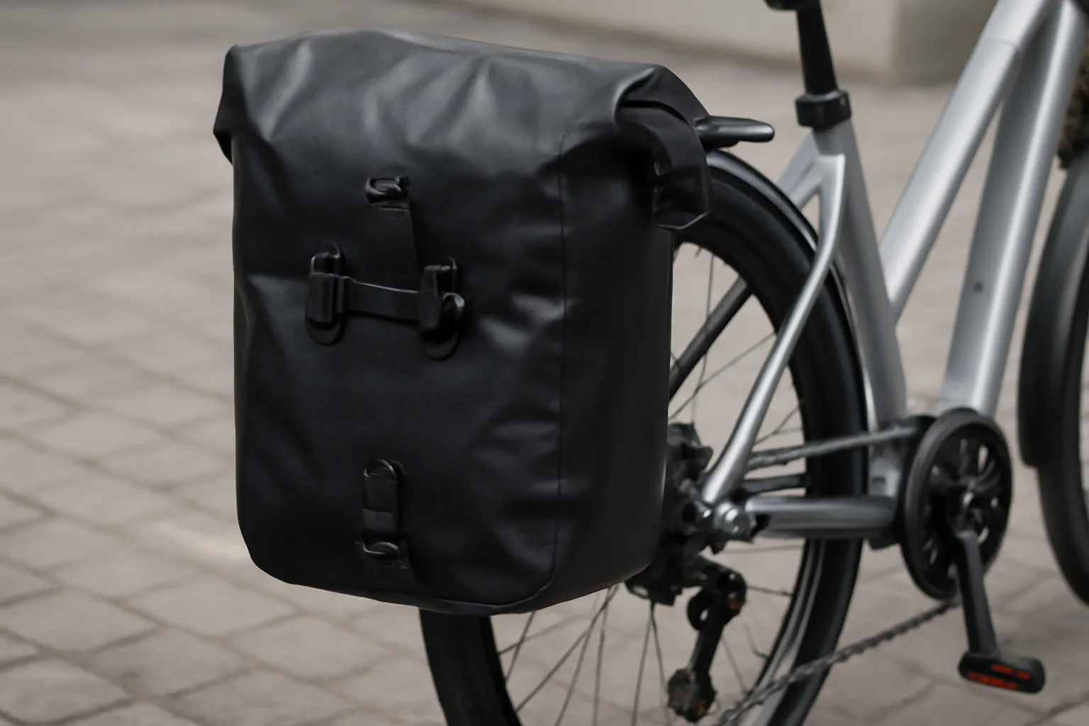 Waterproof pannier clipped to an e-bike rear rack