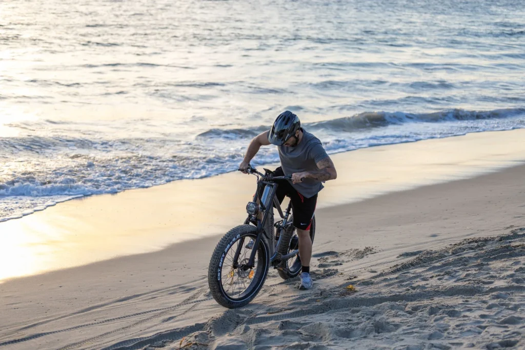 Electric bike rider tackling a mountain trail where motor torque matters